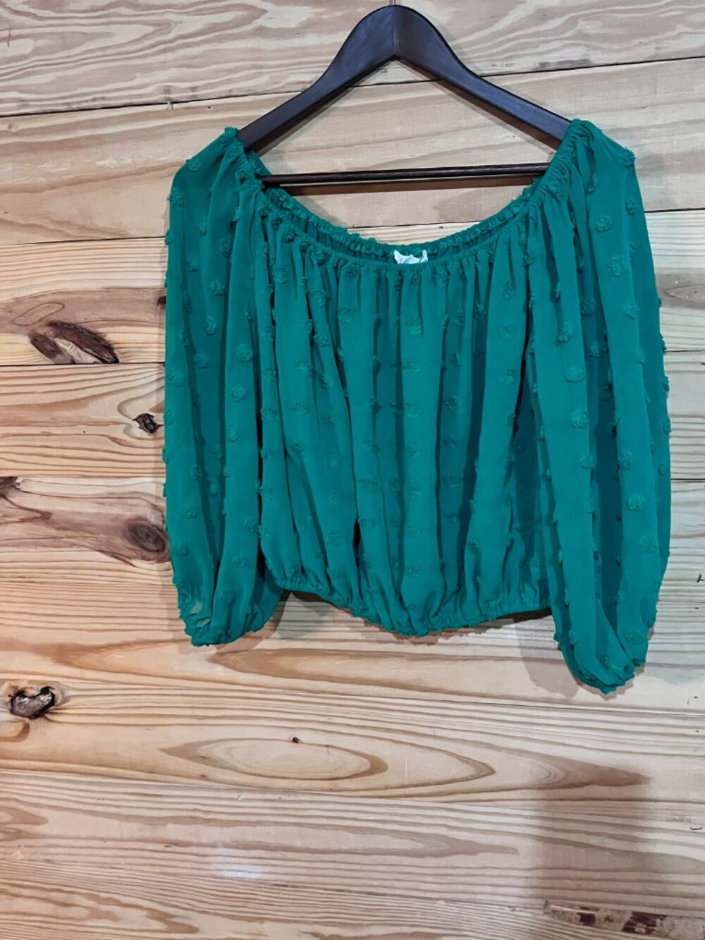 Vine & Love Womens Green Swiss Dot 3/4 Puff Sleeve Crop Top Boho Cold Shoulder S